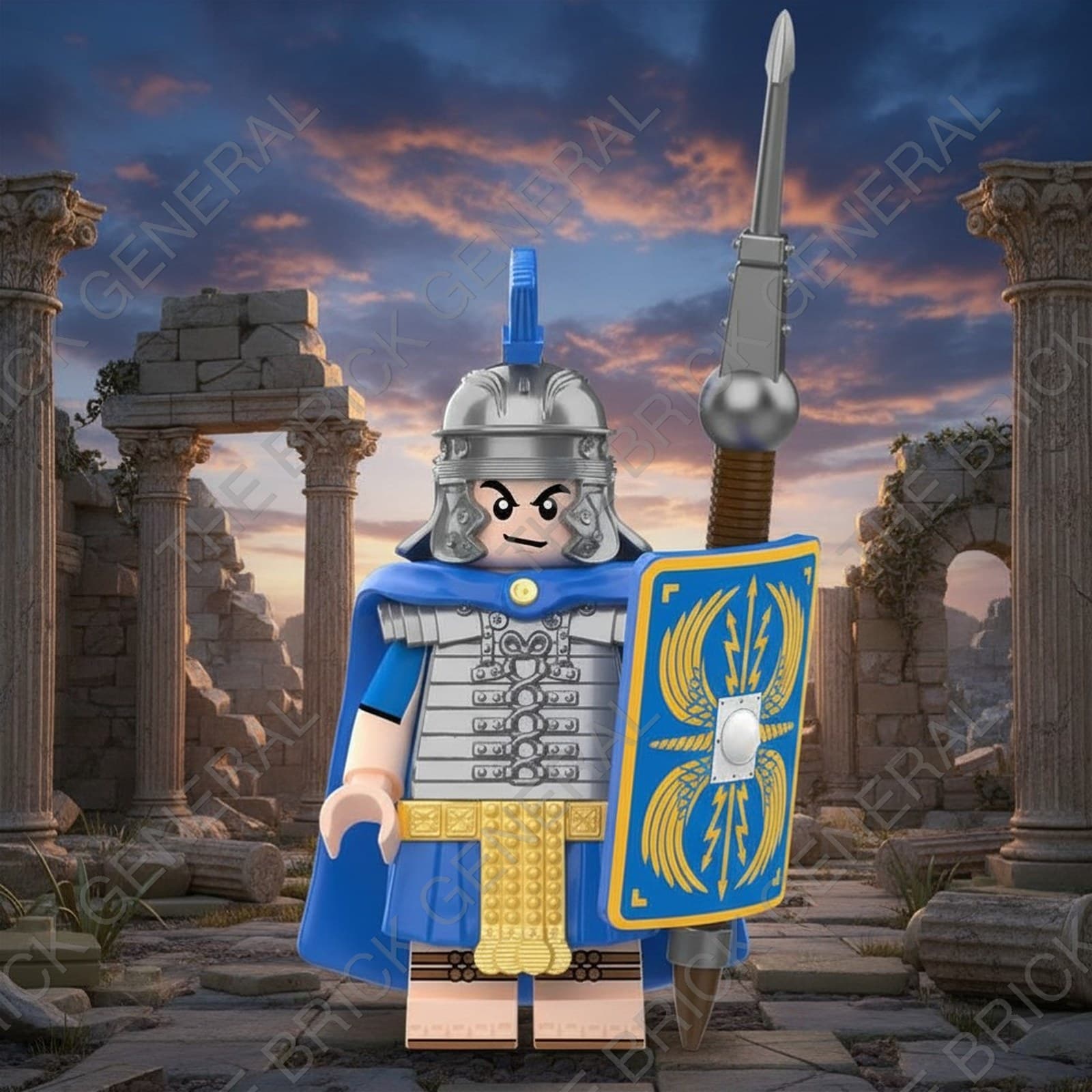 Roman Heavy Infantry - Blue Cape and Shield building brick minifigure
