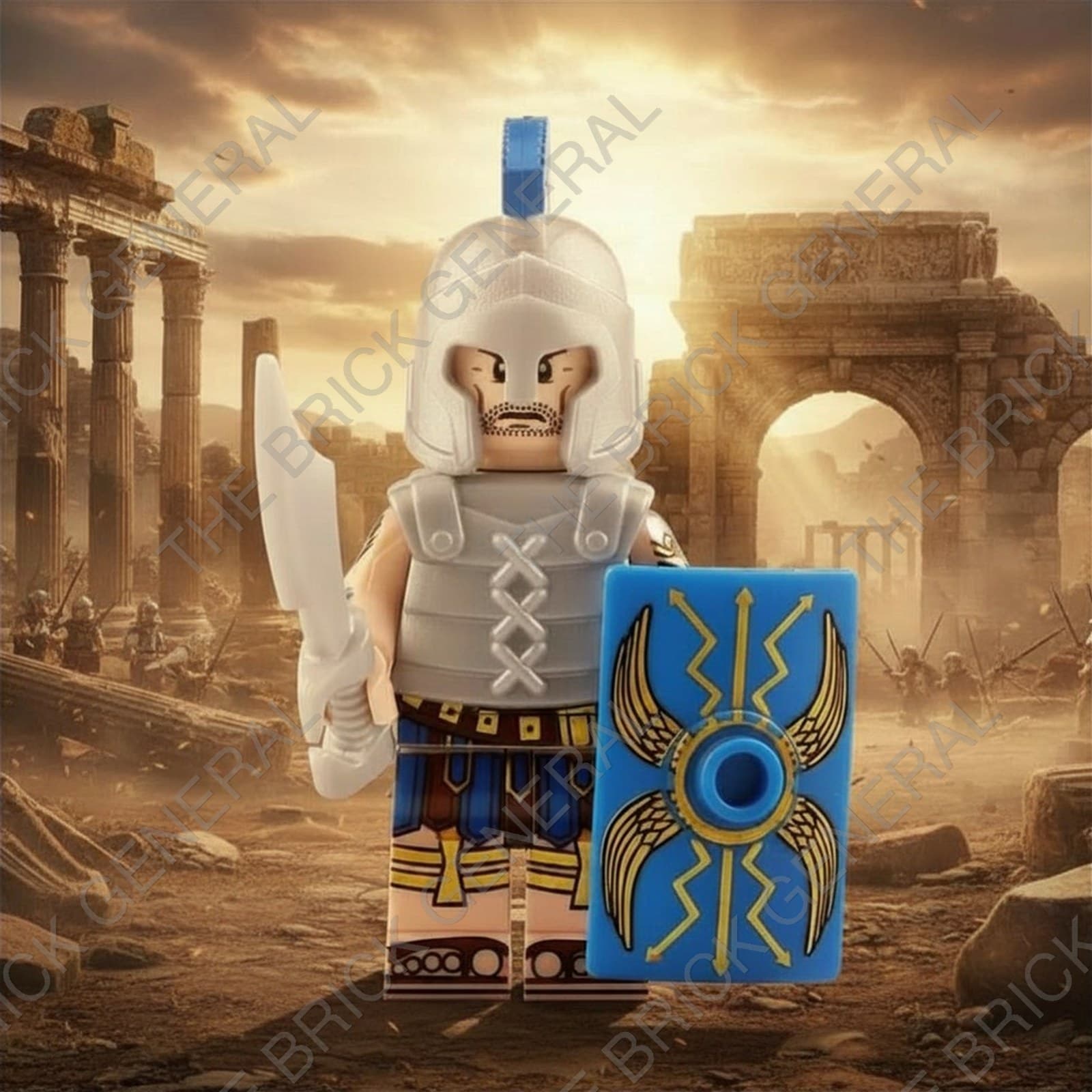 Roman Soldier - Blue Shield Silver Armor building brick minifigure